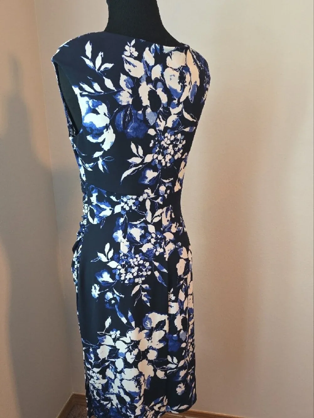 Lauren Ralph Lauren Navy and White Floral Wrap-Front Sheath Dress - Picture 3 of 4